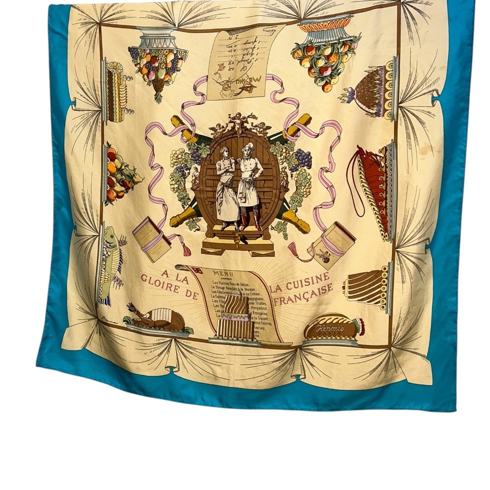 Hermès A la Gloire de la Cuisine Francaise silk scarf Philippe Dumas 34 sq